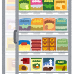 コンビニやスーパーなどで冷凍食品をしまっておくために使われる棚になった冷凍庫（冷凍ケース）が閉じた状態と開いた状態のイラストです。